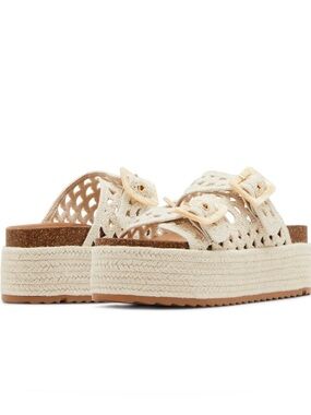 Madden Girl Cream Woven Platform Slide Sandals with Buckles
